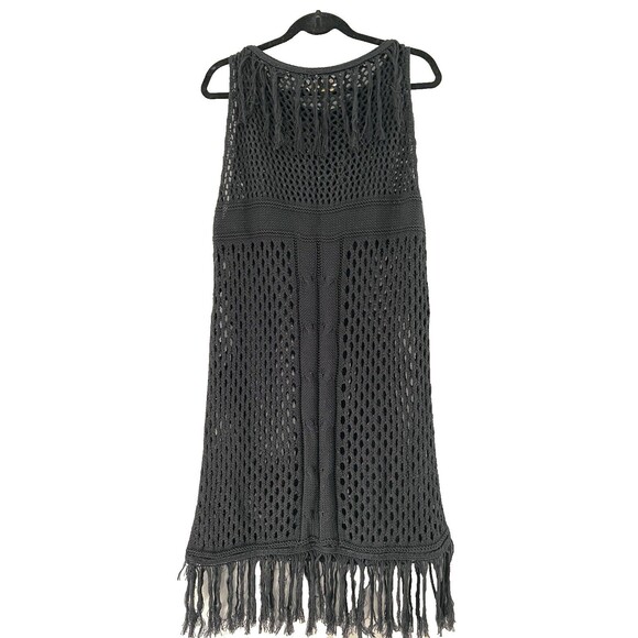 Aggel Knitwear Women’s XL Black Open Knit Dress Crochet Fringed Swim Cover NWOT - Picture 9 of 15